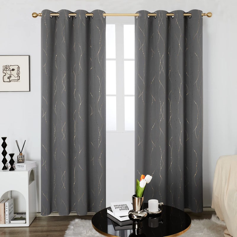 Deconovo Blackout Curtains 2 Panels for Bedroom and Living Room, Gold Foil Wave Lines and Dots, Thermal Insulated Room Darkening Grommet Window Drapes for Nursery and Kids Room, Grey, 52W x 84L Inch - Image 3